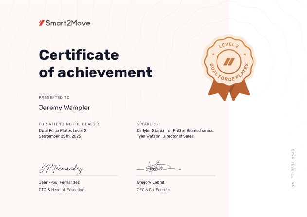 Smart2Move Dual Force Plates Level 2 certificate of achievement for Jeremy Wampler